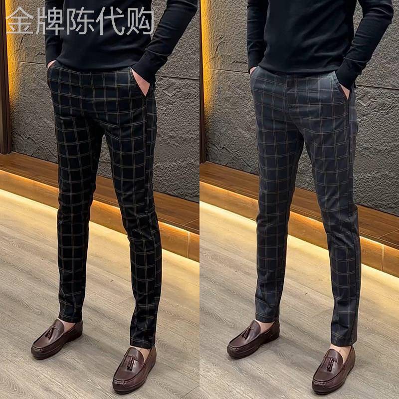 西裤男士春秋季2025新款高端商务格纹直筒小西裤潮牌修身休闲裤子