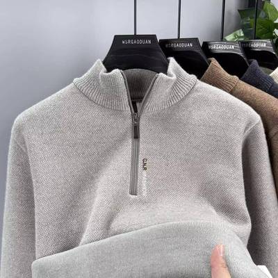 雪尼尔男士毛衣高档一体绒半拉链领抓绒衣秋冬季保暖套头中领上衣