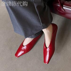 高阶品位！欧洲站极简女巫鞋方头踩脚红色奶奶鞋高级感平底单鞋女