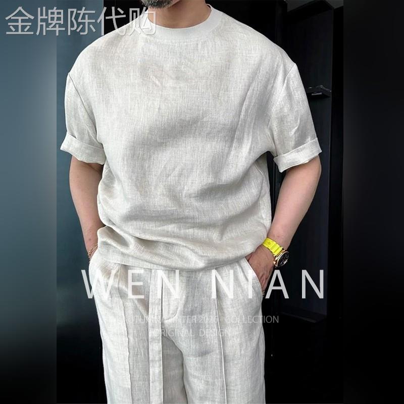韩国WEN NIAN老钱风人字纹套装男2026夏季新款松弛感天丝亚麻穿搭