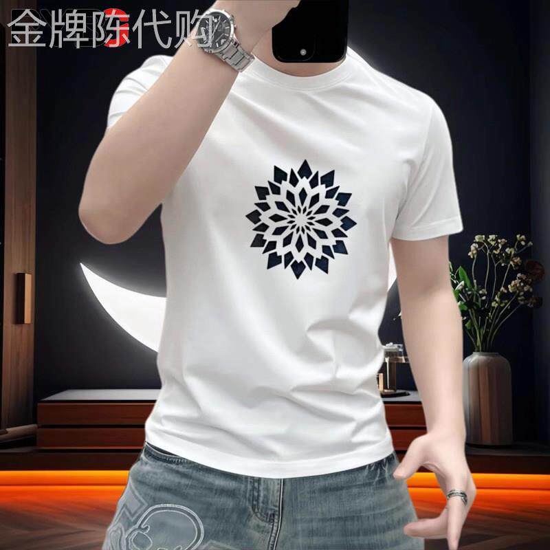 潮牌纯棉短袖t恤男士2026夏季新款几何印花白色半袖修身男款体恤