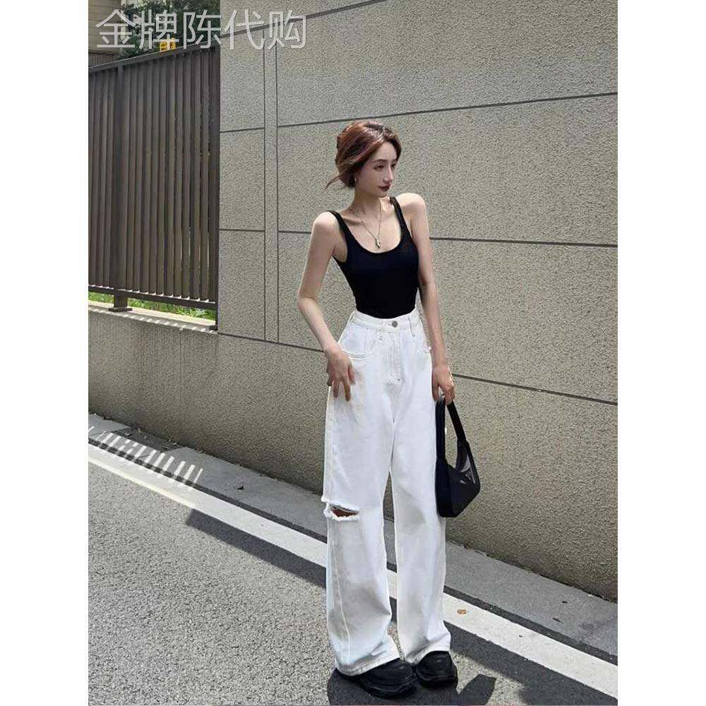 破洞白色牛仔裤女夏季薄款美式高腰垂感显瘦阔腿宽松直筒拖地长裤