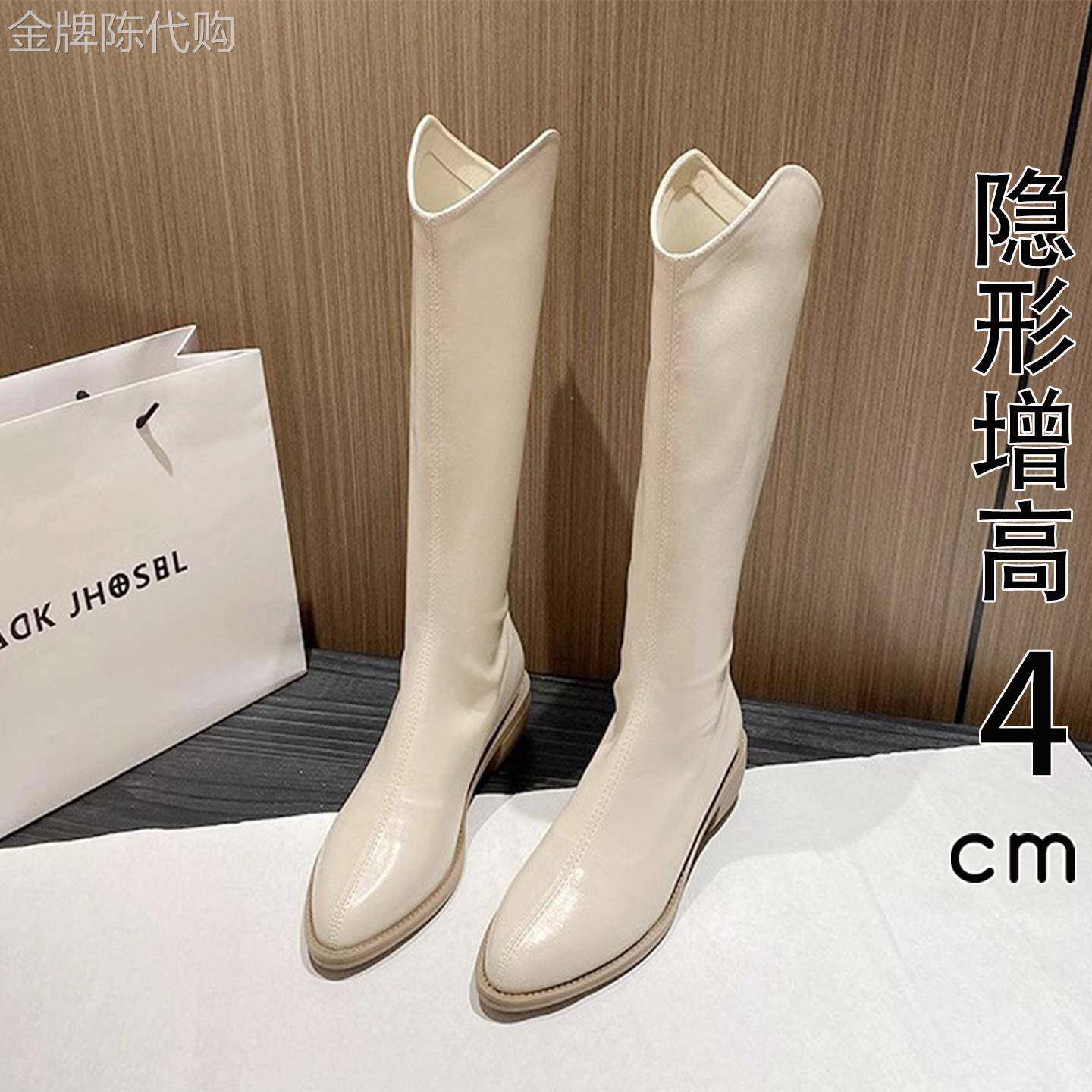 香港真皮白色长筒靴女2025秋冬新款网红尖头v口不过膝高筒骑士靴