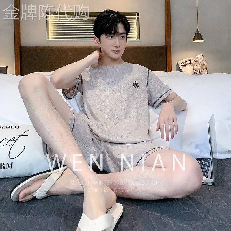 韩国WEN NIAN莫代尔冰丝睡衣男士2026夏季薄款短袖家居服套装潮牌
