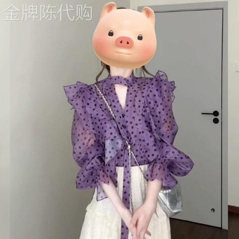 法式复古紫色波点衬衫女2026夏季新款小众设计荷叶边长袖雪纺上衣
