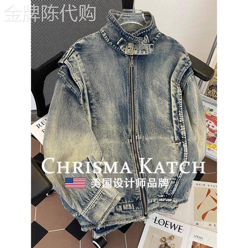 出口美国⭐Chrisma Katch~春秋立领牛仔外套水洗渐层美式宽松夹克