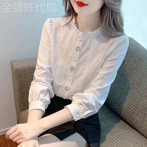 长袖白色衬衫女2026新款春装时尚洋派减龄纯棉衬衫木耳领别致上衣