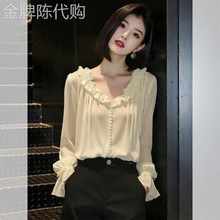 气质V领荷叶边衬衫2026春夏新款女温柔优雅雪纺衬衫显瘦百搭上衣