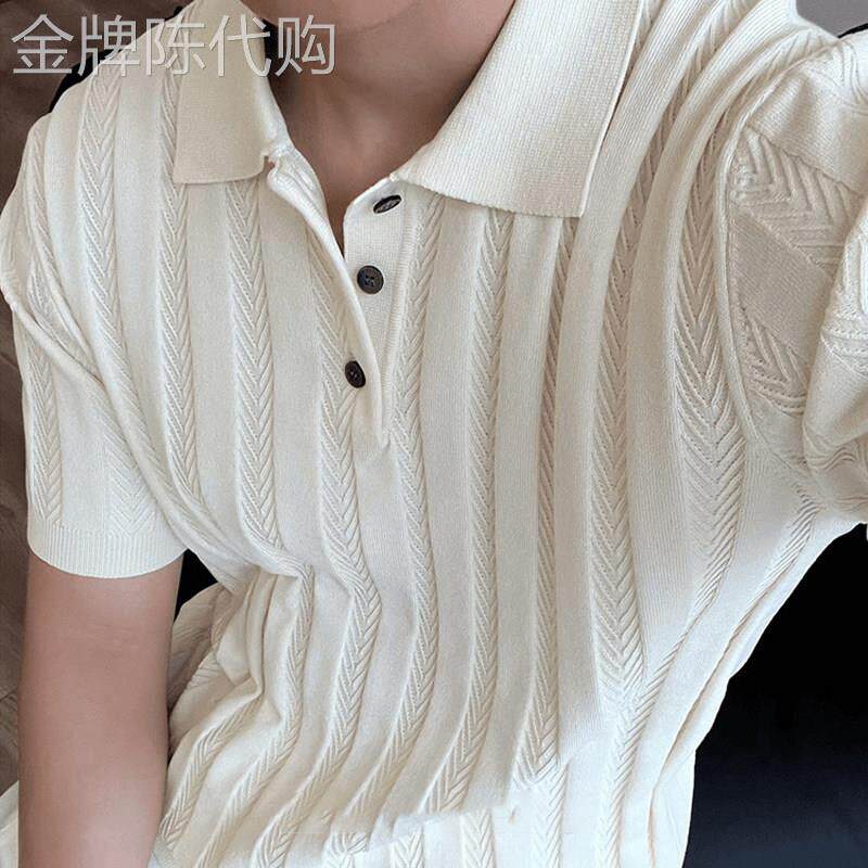 潮牌老钱风白色翻领短袖POLO衫男夏季轻奢高级感冰丝针织T恤上衣