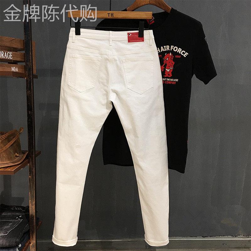 白色高端休闲男士牛仔裤2025年夏季新款潮牌弹力修身小脚长裤子