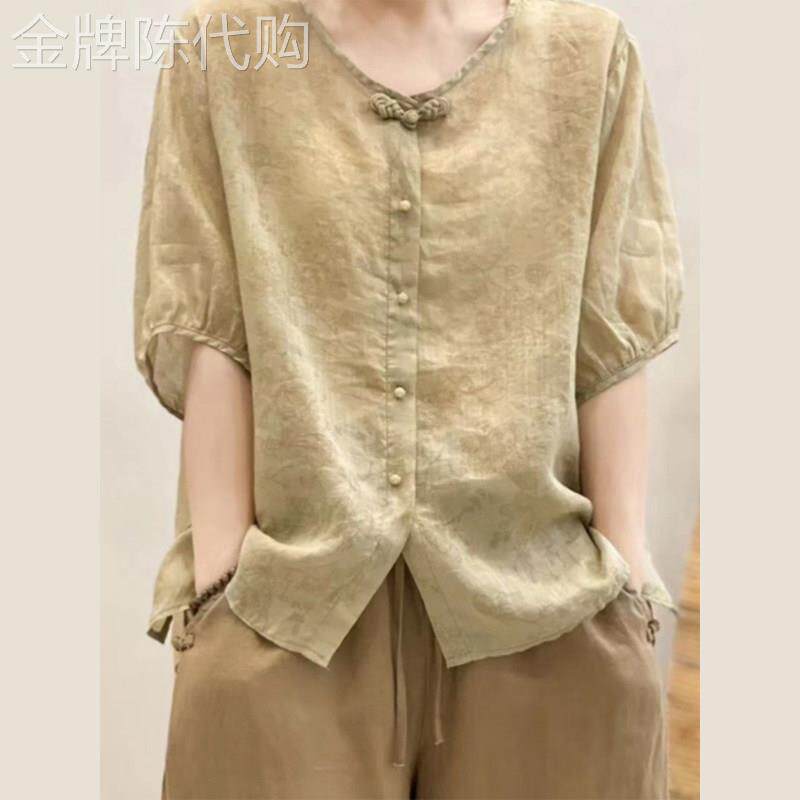 欧洲站中式棉麻衬衫女夏季2026新款薄款高端亚麻苧麻宽松大尺码上