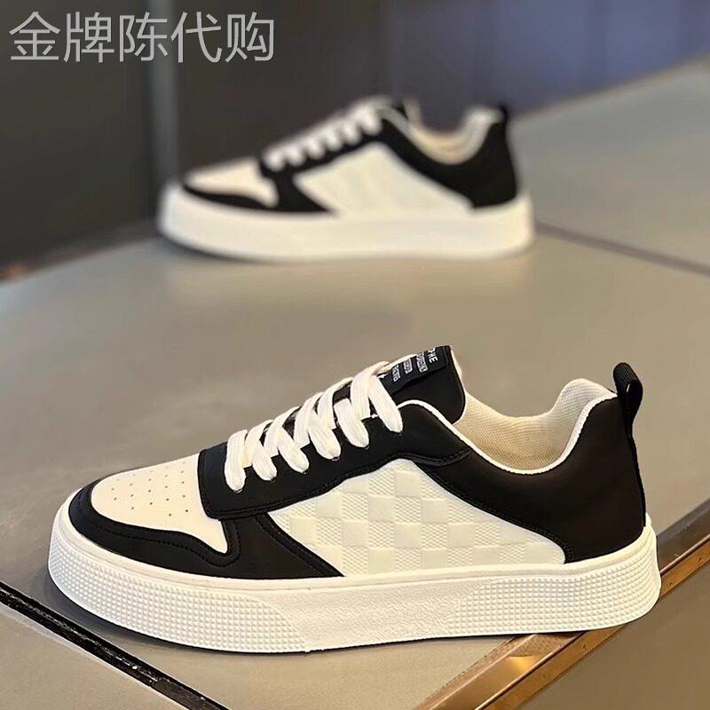 高端休闲 板鞋男2025夏季透气皮面小白鞋子男士简约格子软底运动