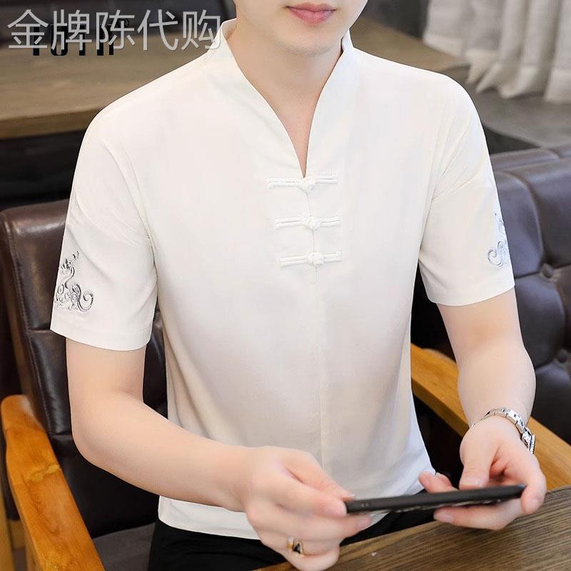 冰丝短袖t恤男士夏季中国风唐装盘扣V领休闲上衣潮流百搭半袖体恤