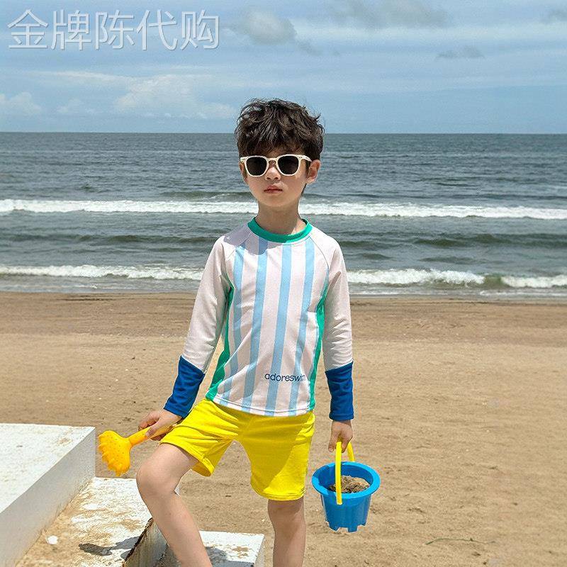 韩国Uamtor男童两件式泳衣2026新款男孩沙滩度假长袖海边防晒套装