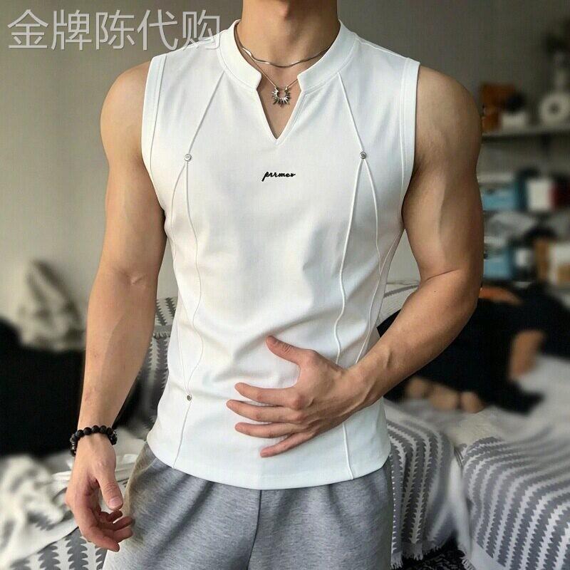 潮牌新款美式简约修身无袖背心T恤男夏季设计高级感简约上衣T恤