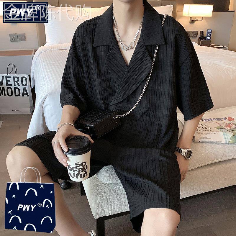 时尚品牌薄古巴领冰丝小西装西装男士夏季薄英俊短袖男士西装配套