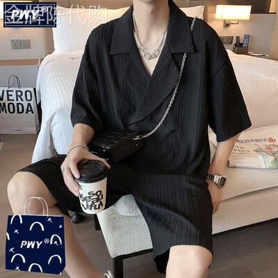 时尚品牌薄古巴领冰丝小西装西装男士夏季薄英俊短袖男士西装配套