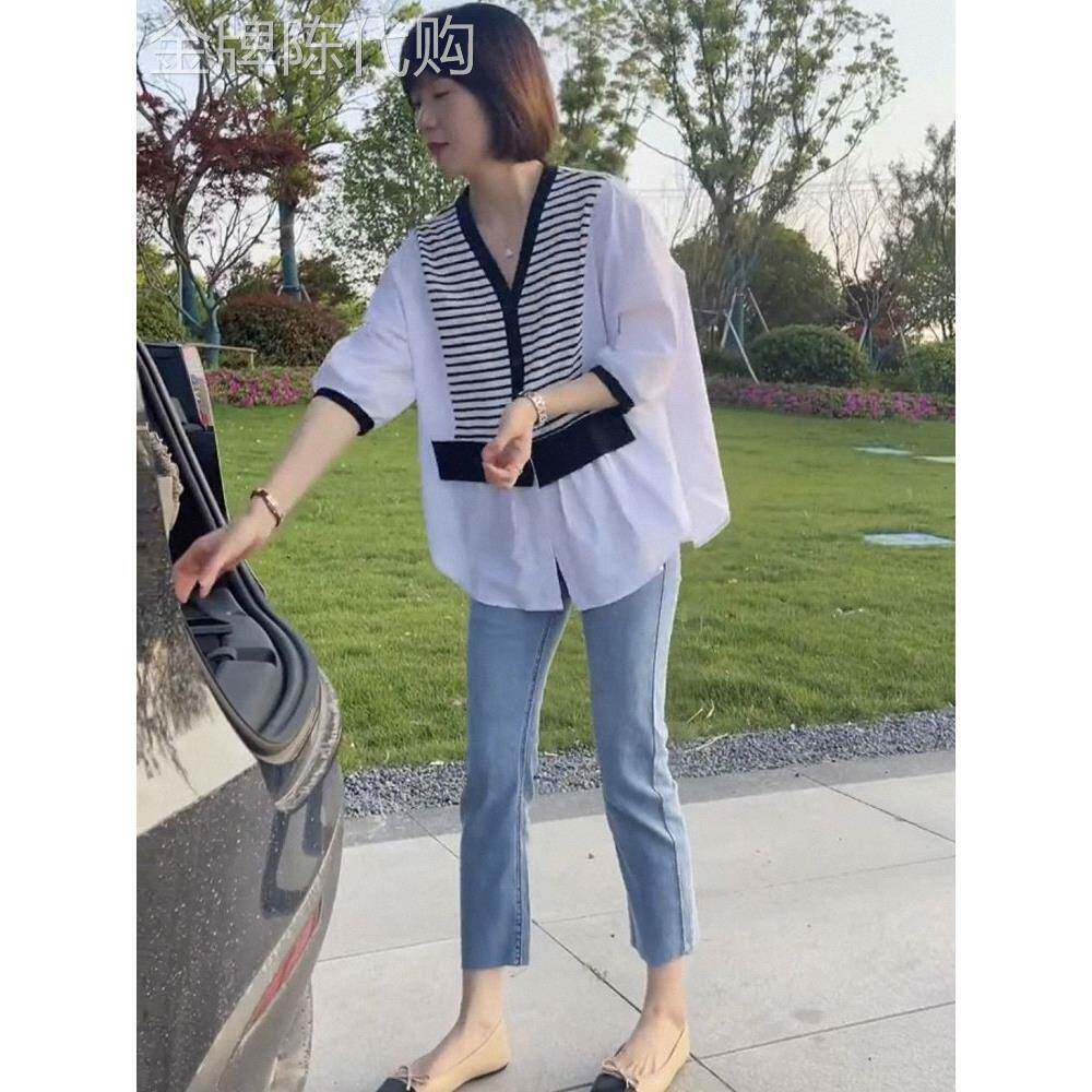 条纹衬衫女半袖春秋欧货小个子七分袖衬衣V领小衫薄款假两件上衣