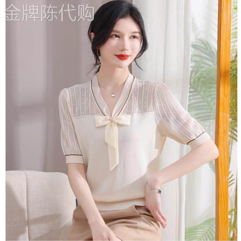 洋气减龄蝴蝶结V领短袖t恤2025夏季新款针织小衫优雅时尚冰丝上衣