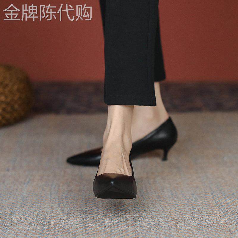 真皮小跟高跟鞋女2025年春季新款3公分尖头细跟软皮不磨脚单鞋子
