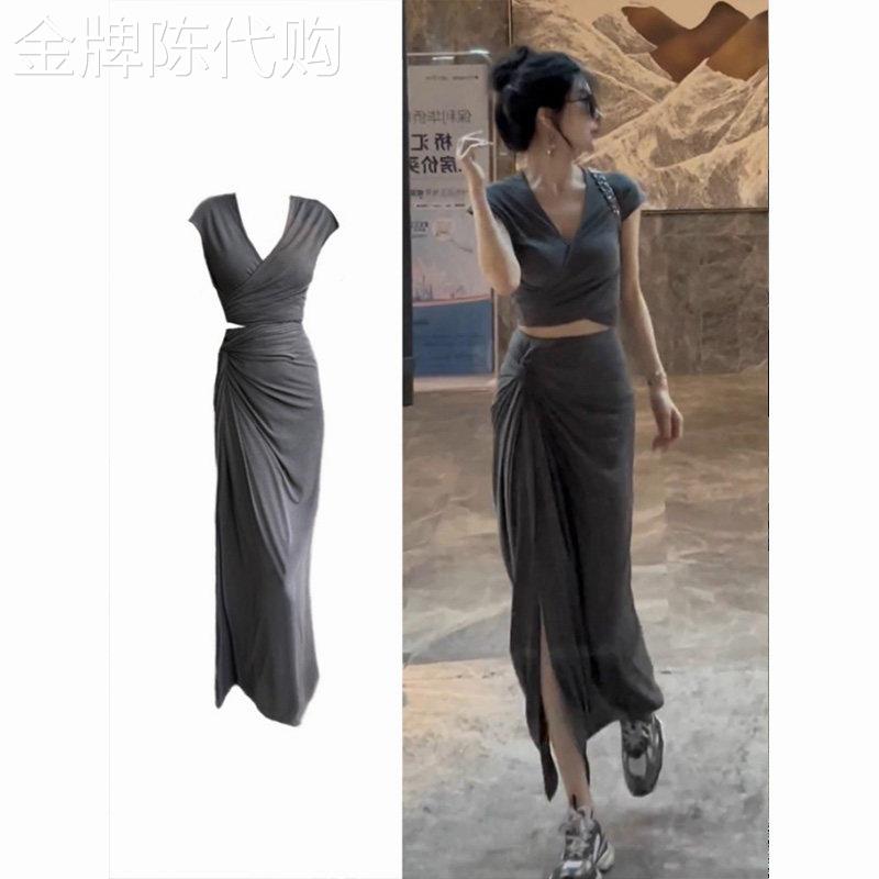 性感灰色交叉绑带V领上衣开 叉半身裙两件套法式修身时尚套装女夏