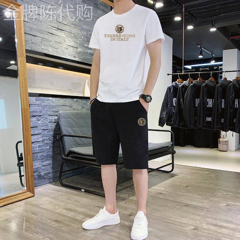 高端冰丝短袖T恤套装夏季男士2025年新款运动休闲短裤男款两件套