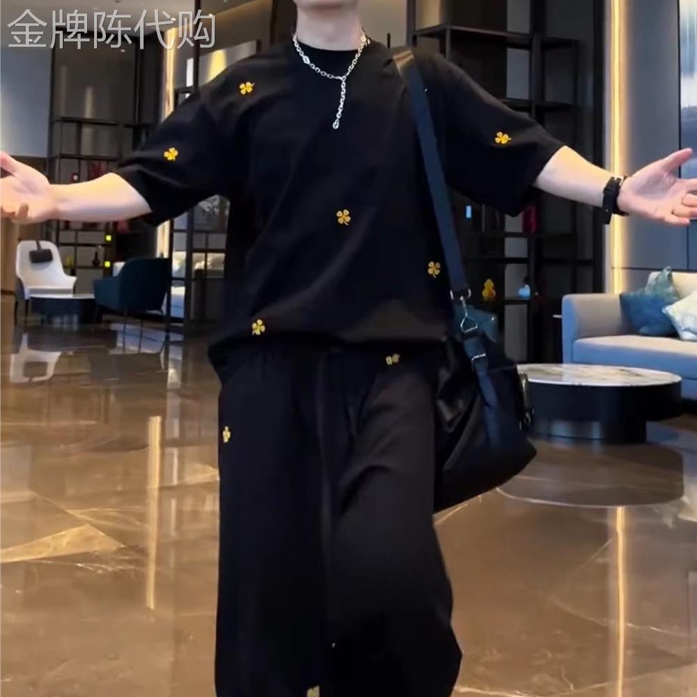 潮牌夏季新款刺绣运动休闲套装男士时尚重磅圆领短袖阔腿裤两件套