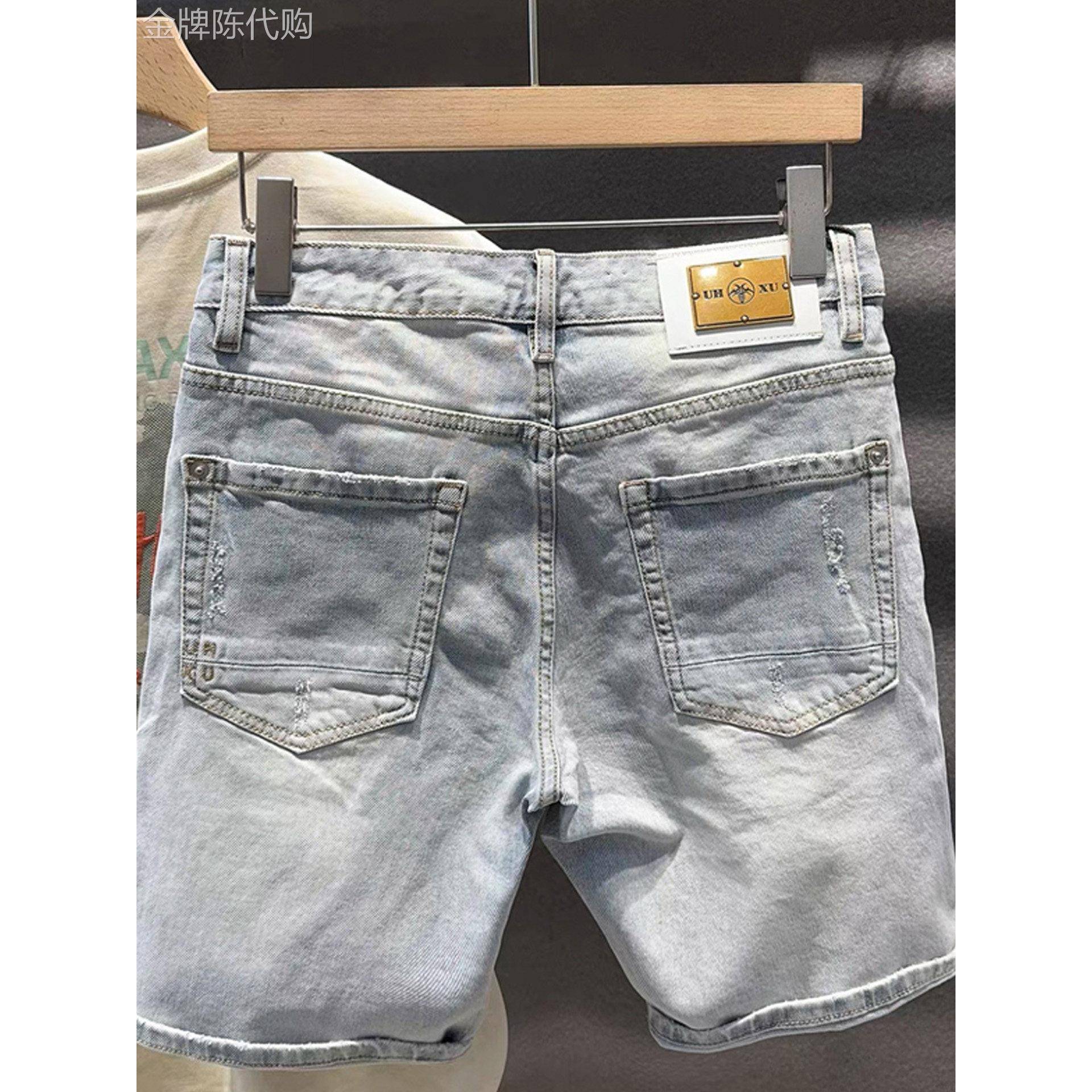香港时尚品牌经典绣花破洞牛仔短裤男士夏季时髦帅气中裤时尚休闲