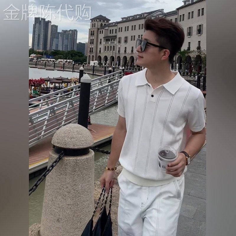 夏季男士轻熟风竖条纹针织套装薄款翻领POLO短袖休闲短裤两件套