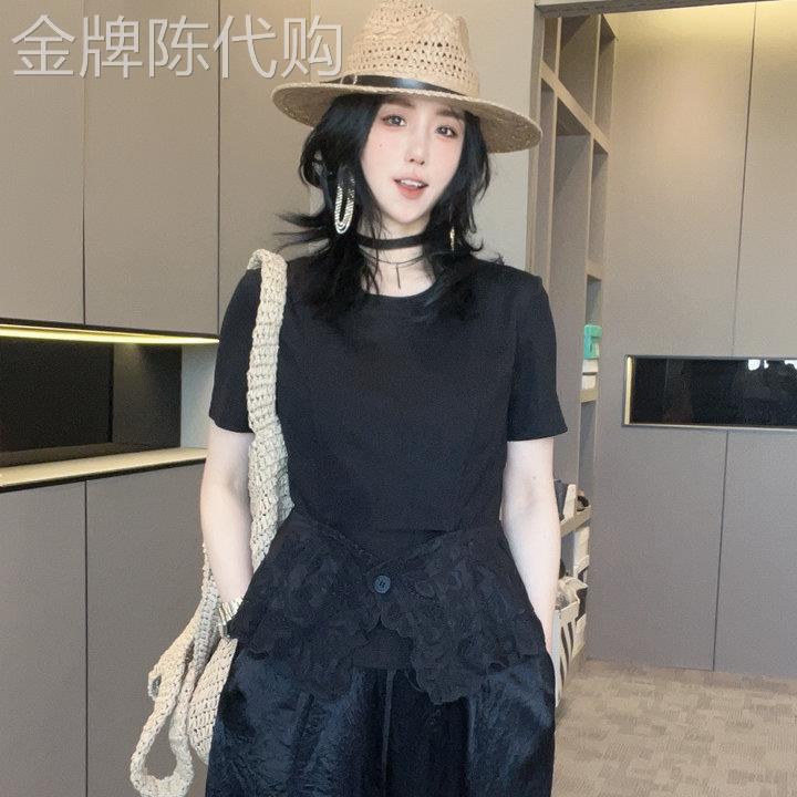 短袖T恤女2026夏季新款蕾丝拼接腰封下摆半袖洋派显瘦上衣欧货潮