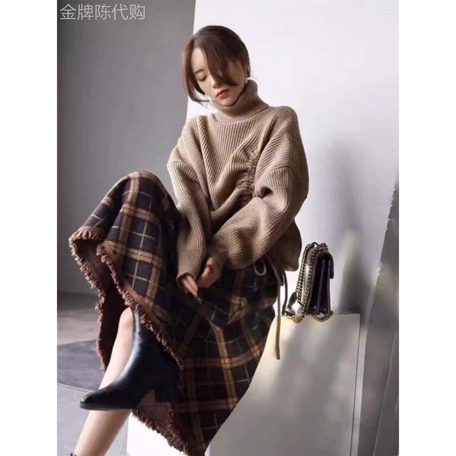 潮牌格子毛呢半身裙女2025秋冬覆古高腰加厚长裙大摆毛线针织裙子
