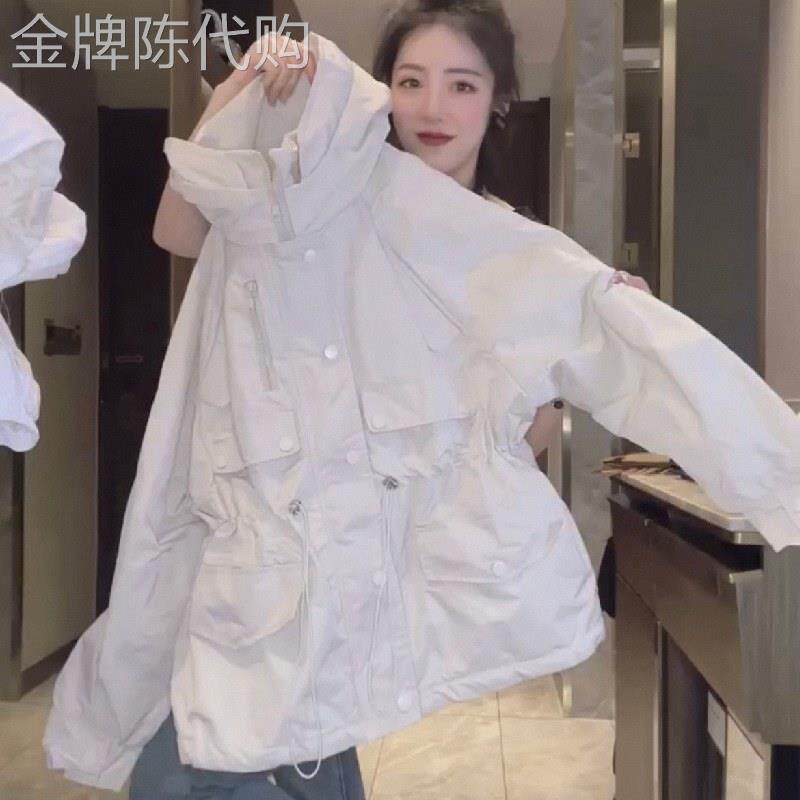 连帽冲锋衣外套女春秋欧货运动休闲卫衣宽松显瘦薄棉工装立领风衣