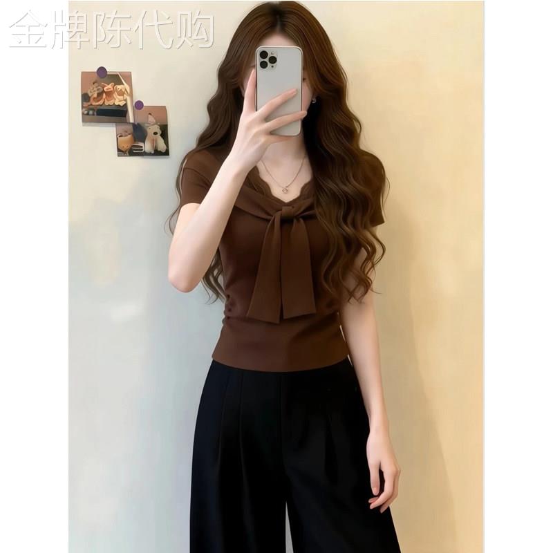 韩系V领设计感绑带短袖t恤女2026夏季新款欧货修身显瘦短款上衣潮