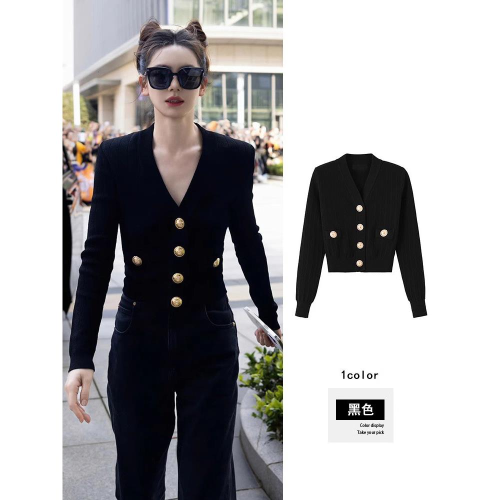 戚薇同款针织衫女开衫2025春秋新款法式V领高级感短款毛衣外套