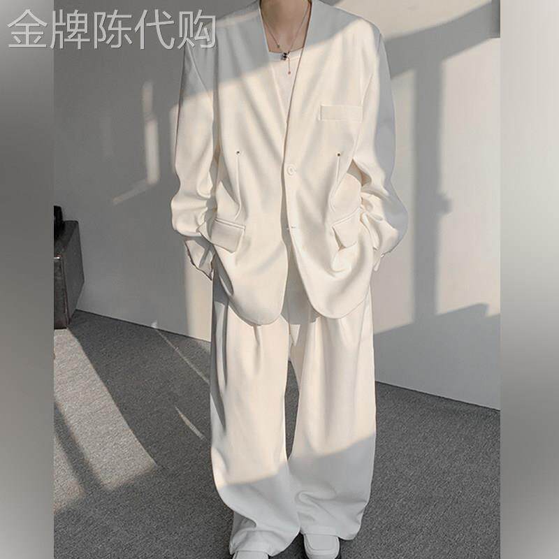 高端白色垫肩无领西服套装男2026夏季时尚痞帅宽松休闲西服两件套