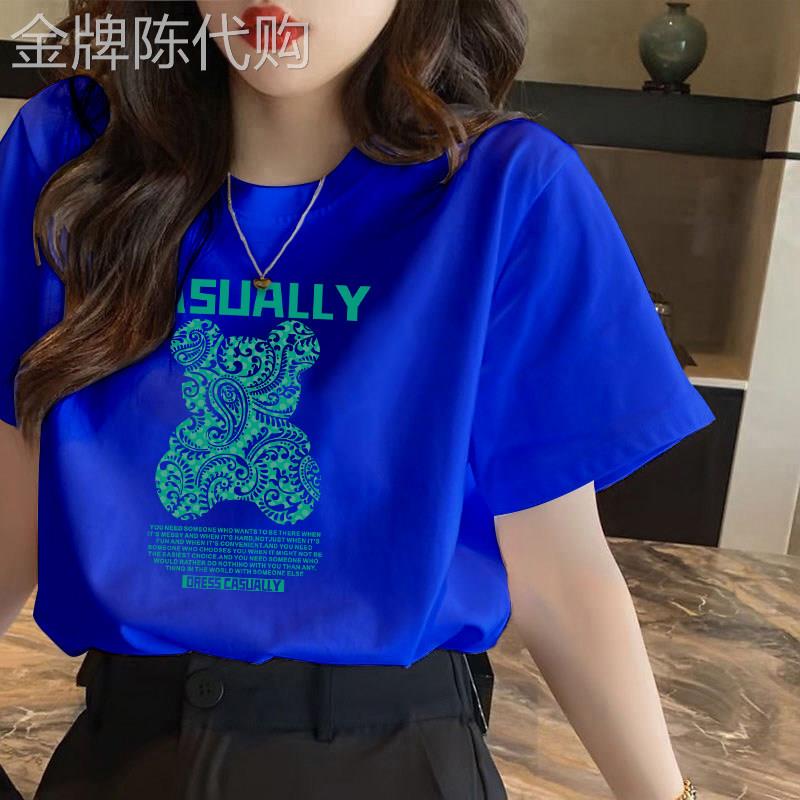 克莱因蓝T恤女短袖纯棉小熊印花2025夏季新款欧货宽松体恤上衣ins