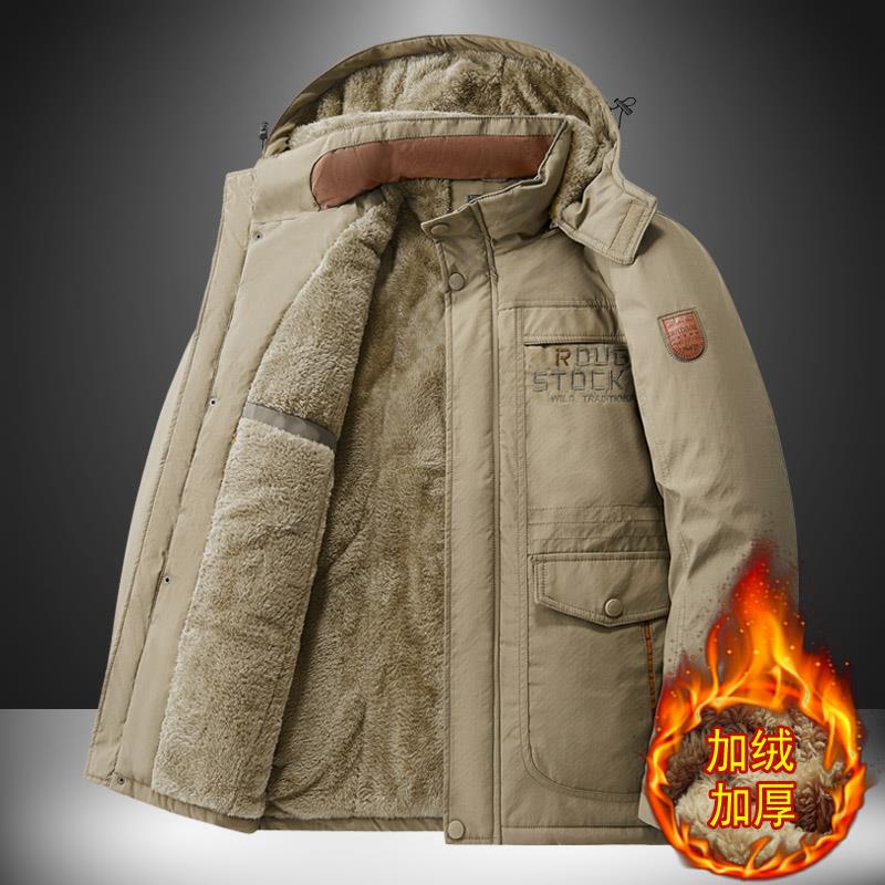 潮牌刺绣多口袋工装外套男冬季加绒宽松大码连帽棉衣抗寒保暖棉服