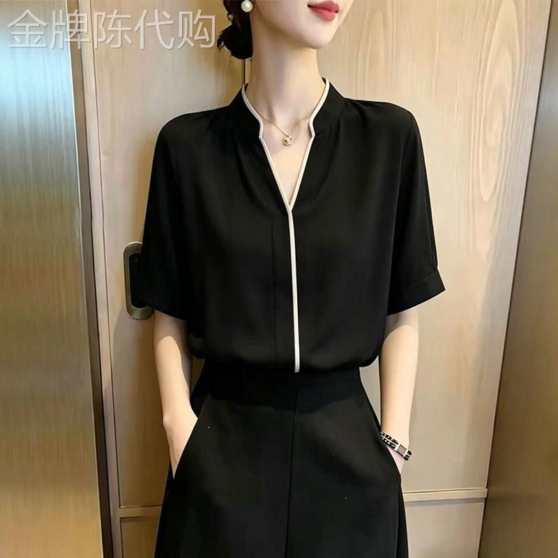 黑色V领衬衫女短袖2026夏季新款洋派宽松显瘦高级感半袖衬衣上衣