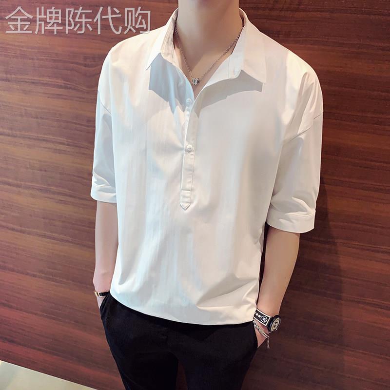 潮牌冰丝短袖t恤男士夏季新款宽松七分五分袖衬衫V领翻领polo衫上