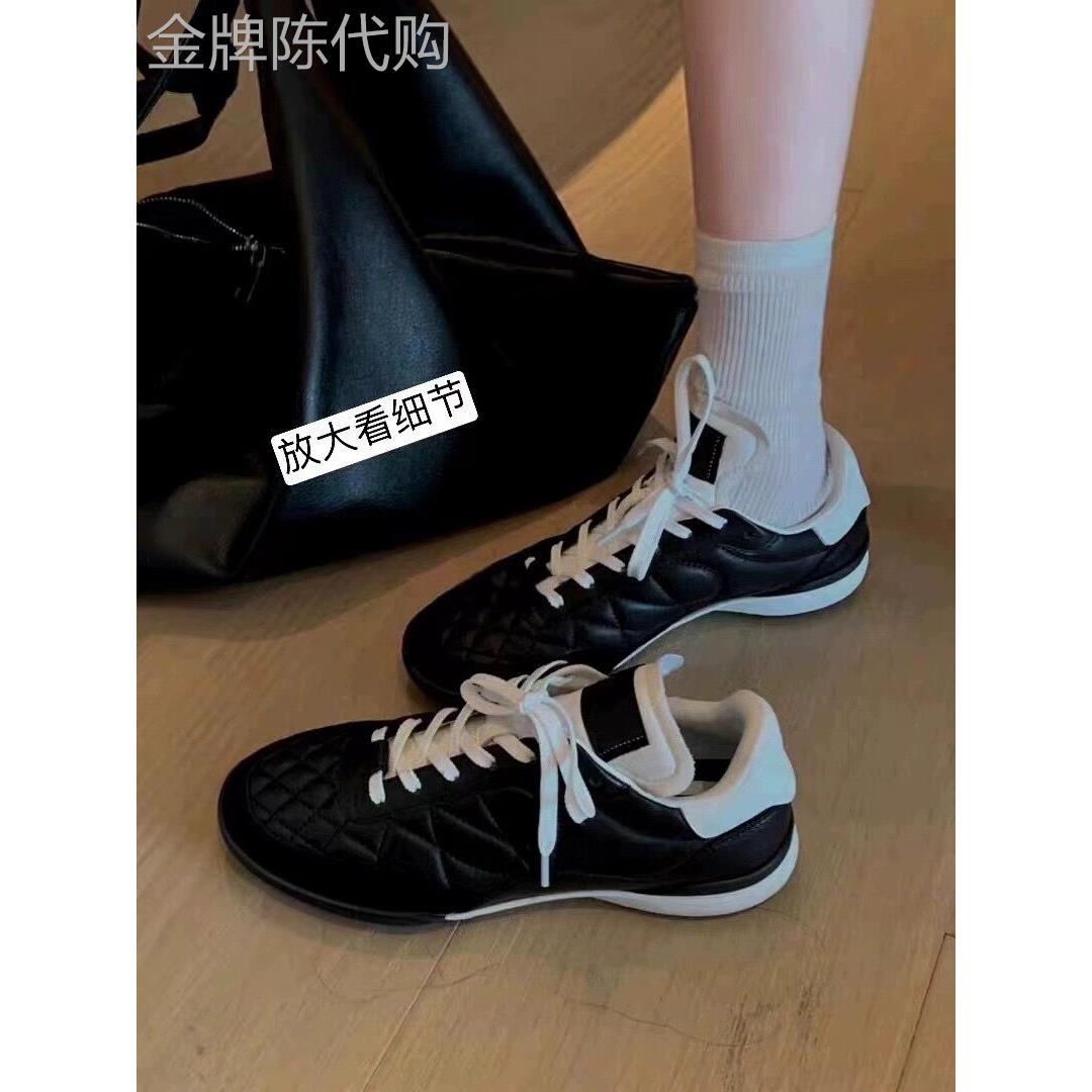香港2025花呢风格绗缝系带女式休闲运动鞋真皮牛皮厚底跑鞋道德训