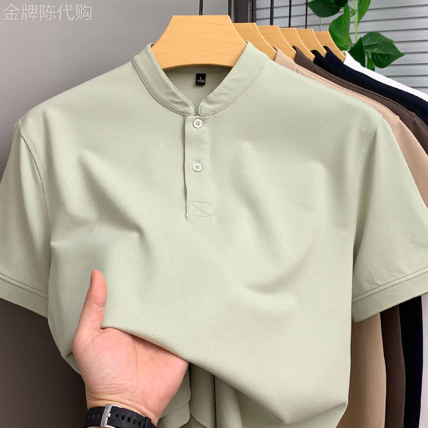 MAROLIO~高档丝光棉短袖t恤男立领上衣夏季纯色中山领半袖打底衫