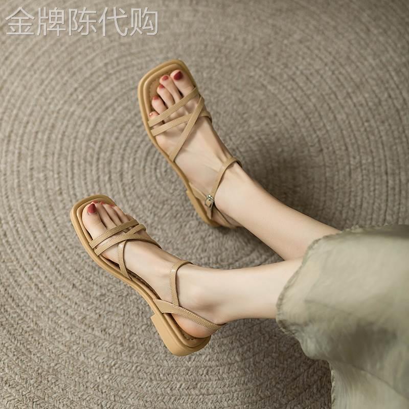 真皮平底凉鞋女夏季2026新款配裙子孕妇方头露趾一字带低跟罗马鞋
