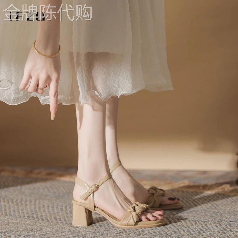 真皮高跟凉鞋女2025年夏季新款法式仙女风一字带中跟粗跟罗马鞋
