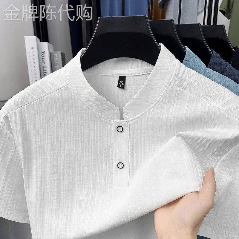 潮牌高级感立领竖条纹短袖男士夏季薄款商务透气T恤休闲百搭上衣
