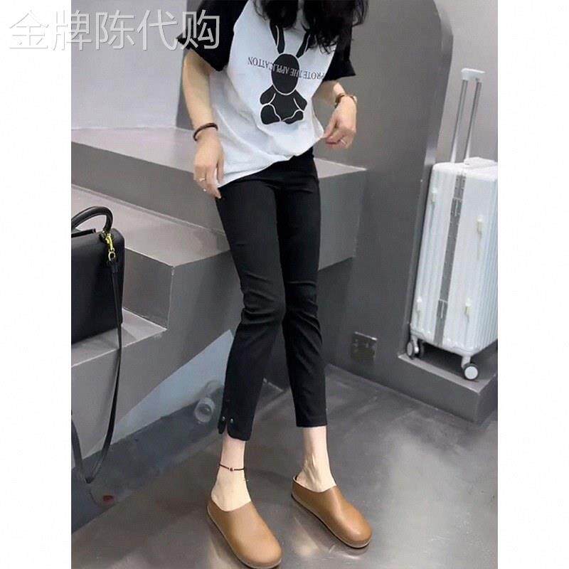 纸皮裤女秋欧货铆钉开叉薄款休闲裤高腰弹力小个子八分小脚面膜裤