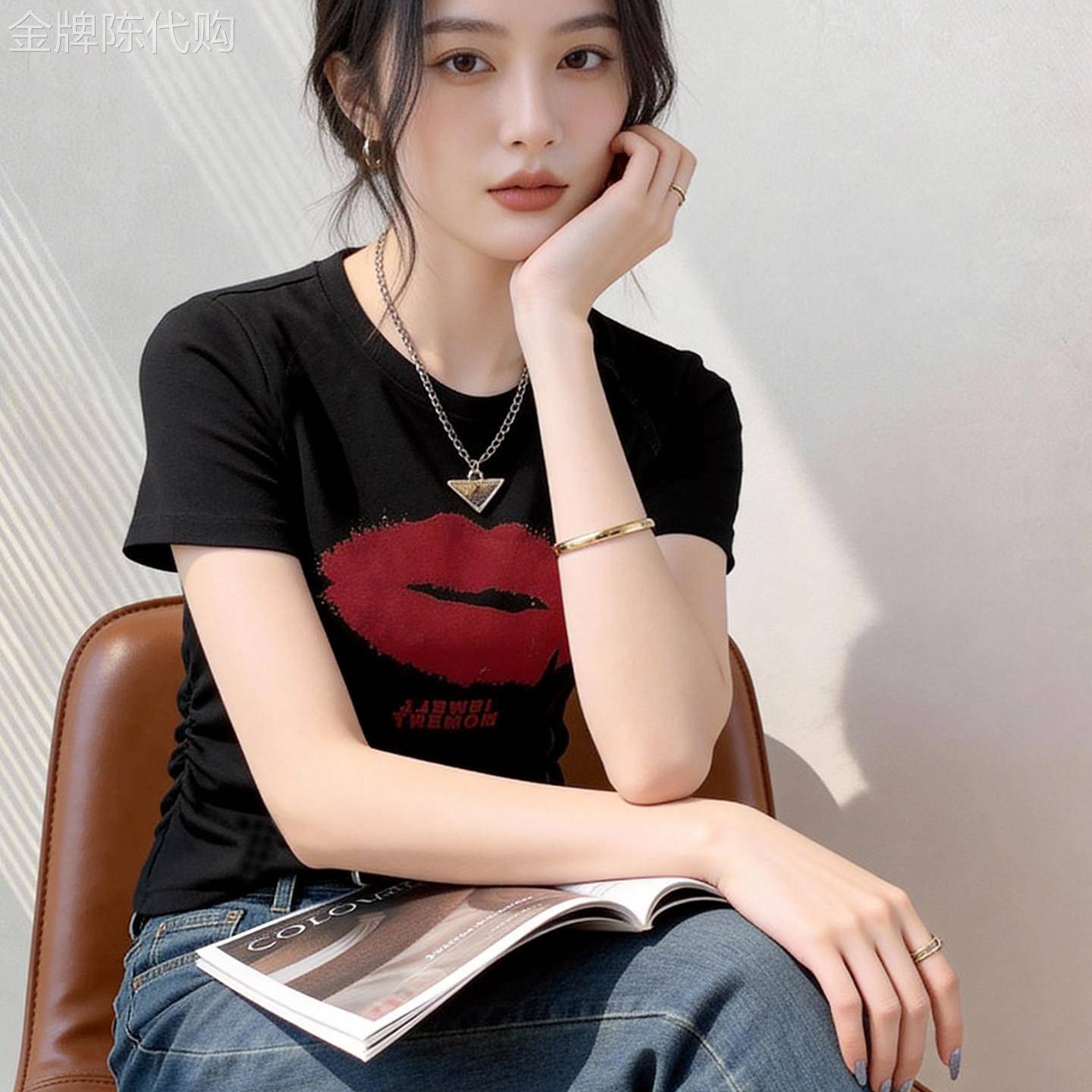 黑色短袖T恤女夏薄洋派美式印花设计感别致修身显瘦百搭打底上衣