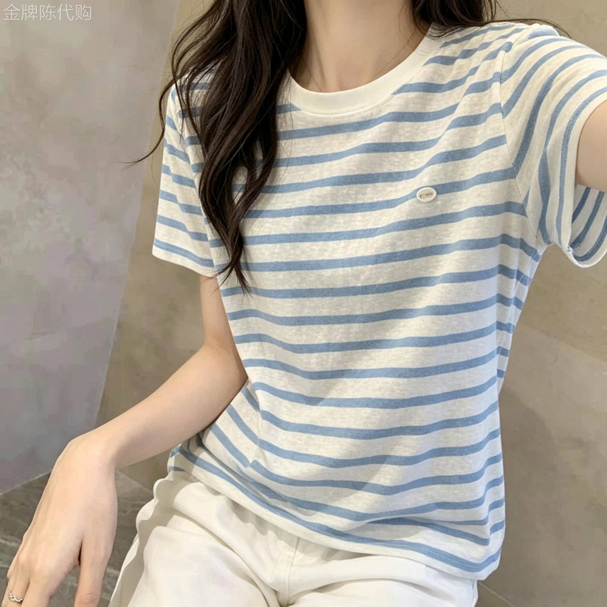 韩国夏季简约休闲薄款条纹短袖T恤女新款宽松显瘦小众圆领上衣潮