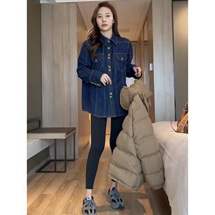 香港TIMO叠穿软牛仔衬衫女秋冬春中长款宽松加绒加厚保暖衬衣外套