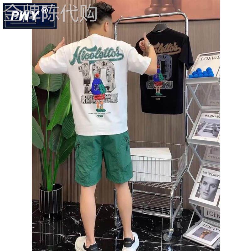 潮牌休闲运动套装男夏季2026新款潮流时尚修身印花短袖短裤两件套