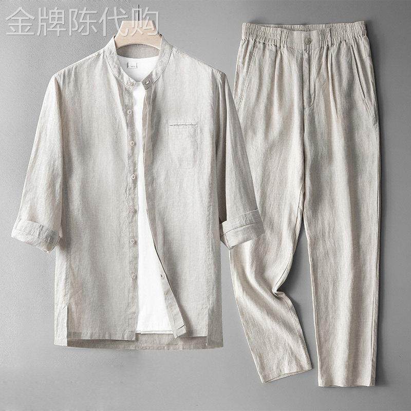 纯亚麻衬衫套装男七分袖休闲衬衣男士宽松大码夏季薄款透气长裤子